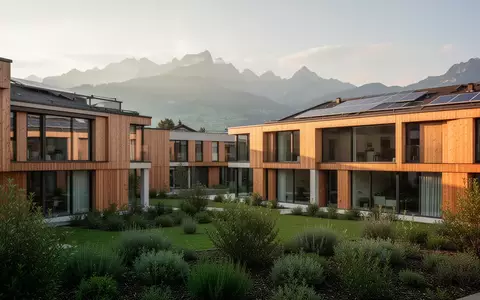 Moderne, nachhaltige Wohn- und Gewerbeüberbauung mit Holzfassade und Grünanlagen in der Schweiz. - Foto: über boerse-global.de