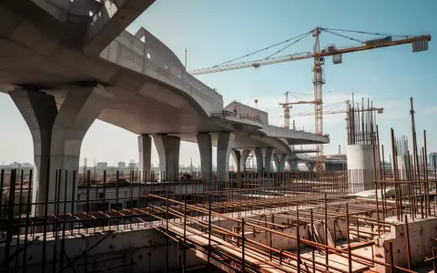 Eine weitläufige Baustelle einer modernen Betonbrücke mit Kränen und Stahlarmierungen bei Tageslicht. - Foto: über boerse-global.de