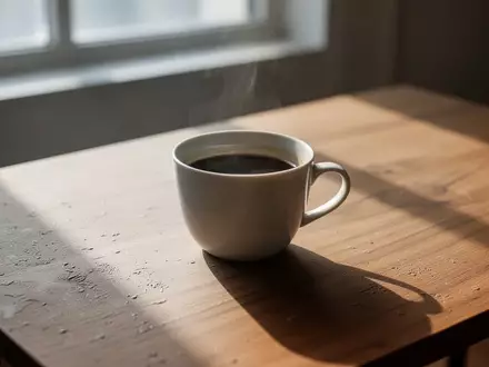 Eine weiße Kaffeetasse auf einem hölzernen Tisch in sanftem Morgenlicht. - Foto: über boerse-global.de