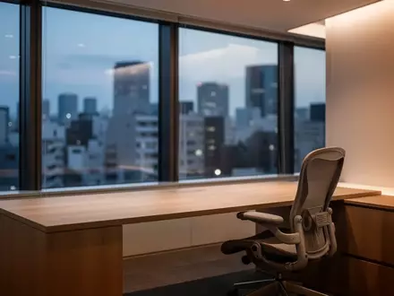 Ein minimalistisch gestalteter, leerer Büroarbeitsplatz in Tokio mit Blick auf die Stadt bei Dämmerung. - Foto: über boerse-global.de