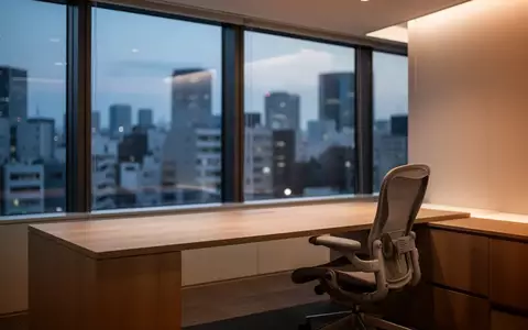Ein minimalistisch gestalteter, leerer Büroarbeitsplatz in Tokio mit Blick auf die Stadt bei Dämmerung. - Foto: über boerse-global.de