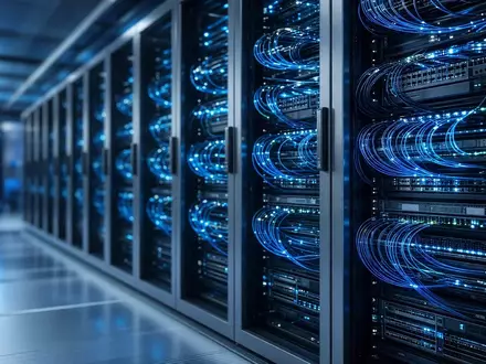 Moderne Serveranlage mit blau leuchtenden Glasfaserkabeln in einem Rechenzentrum. - Foto: über boerse-global.de