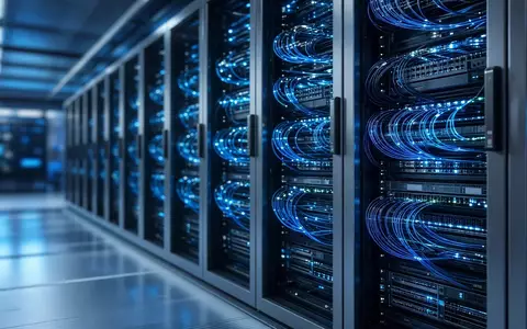 Moderne Serveranlage mit blau leuchtenden Glasfaserkabeln in einem Rechenzentrum. - Foto: über boerse-global.de