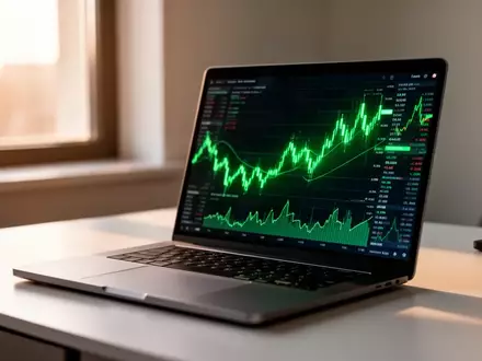 Ein moderner Schreibtisch mit einem Laptop, auf dessen Bildschirm abstrakte grüne Finanzdiagramme zu sehen sind. - Foto: über boerse-global.de