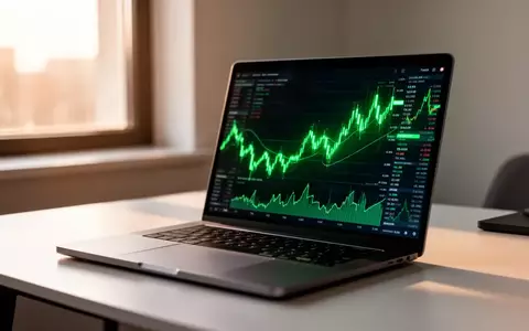 Ein moderner Schreibtisch mit einem Laptop, auf dessen Bildschirm abstrakte grüne Finanzdiagramme zu sehen sind. - Foto: über boerse-global.de