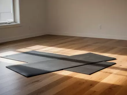 Ein minimalistisch eingerichteter Trainingsbereich mit einer Sportmatte auf einem Holzboden in hellem, natürlichem Licht. - Foto: über boerse-global.de