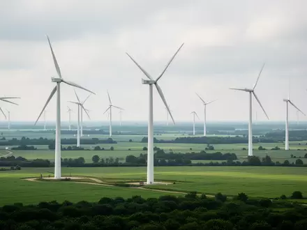 Moderne Windkraftanlagen in einer grünen Landschaft unter einem bewölkten Himmel. - Foto: über boerse-global.de