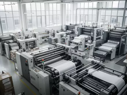 Moderne industrielle Druckerei mit präzisen Maschinen in einer hellen, aufgeräumten Produktionshalle. - Foto: über boerse-global.de