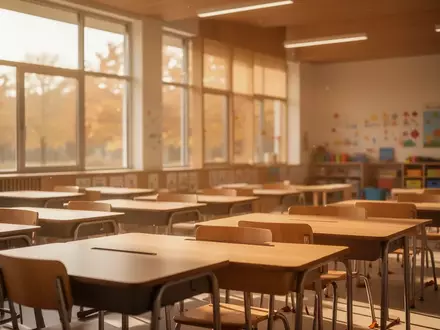 Ein heller, moderner Klassenraum einer Grundschule mit leeren Holztischen im warmen Licht der Herbstsonne. - Foto: über boerse-global.de