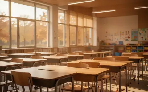 Ein heller, moderner Klassenraum einer Grundschule mit leeren Holztischen im warmen Licht der Herbstsonne. - Foto: über boerse-global.de