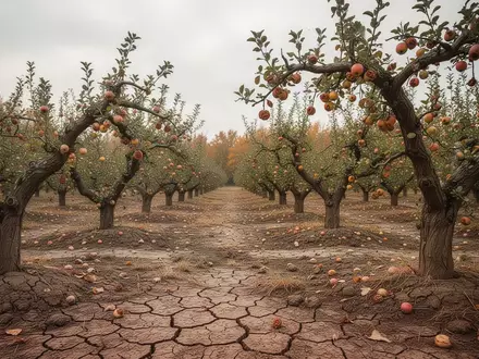 Ein von Trockenheit gezeichneter Apfelgarten mit ausgetrocknetem Boden und wenigen Früchten an den Ästen. - Foto: über boerse-global.de