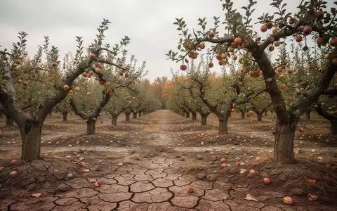 Ein von Trockenheit gezeichneter Apfelgarten mit ausgetrocknetem Boden und wenigen Früchten an den Ästen. - Foto: über boerse-global.de