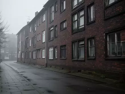 Eine menschenleere Wohnstraße vor einem Mehrfamilienhaus an einem bewölkten Tag. - Foto: über boerse-global.de