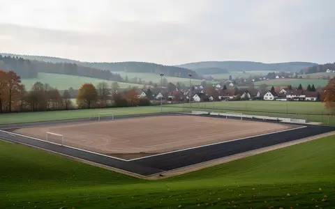 Ein vorbereiteter Sportplatzbau auf einer grünen Wiese in einer ländlichen Umgebung in Nordrhein-Westfalen. - Foto: über boerse-global.de
