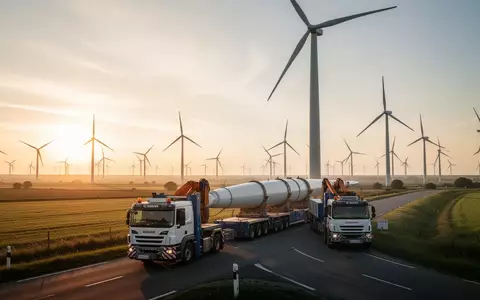 Ein Windrad-Rotorblatt wird auf einem Schwertransporter durch eine sonnige Landschaft transportiert. - Foto: über boerse-global.de