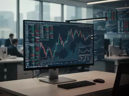 Ein moderner Computer-Arbeitsplatz mit abstrakten Finanzdaten auf einem Bildschirm in einem professionellen Büro. - Foto: über boerse-global.de