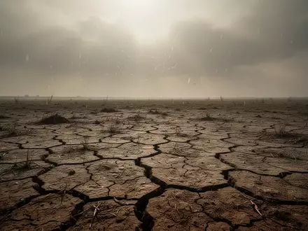 Trockener, rissiger Boden in einer von extremer Hitze gezeichneten Landschaft unter einem dunstigen Sommerhimmel. - Foto: über boerse-global.de