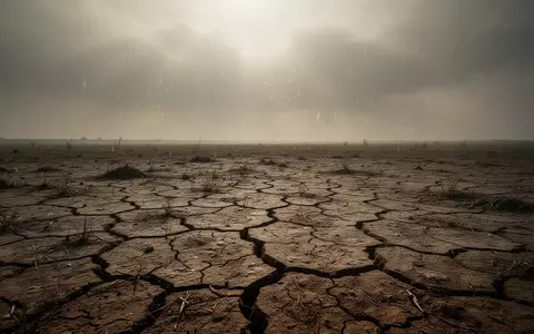 Trockener, rissiger Boden in einer von extremer Hitze gezeichneten Landschaft unter einem dunstigen Sommerhimmel. - Foto: über boerse-global.de