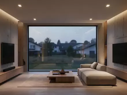 Modernes, minimalistisch eingerichtetes Wohnzimmer bei Dämmerung mit indirekter Beleuchtung und schlichtem Interieur. - Foto: über boerse-global.de