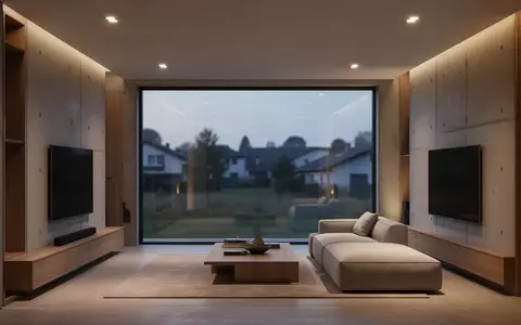 Modernes, minimalistisch eingerichtetes Wohnzimmer bei Dämmerung mit indirekter Beleuchtung und schlichtem Interieur. - Foto: über boerse-global.de