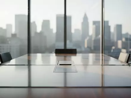 Moderner, leerer Konferenzraum mit Glaswänden und Blick auf eine verschwommene Stadt bei Tageslicht. - Foto: über boerse-global.de