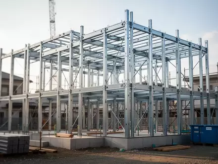 Ein Rohbau einer Baustelle mit Stahlkonstruktion bei Tageslicht. - Foto: über boerse-global.de