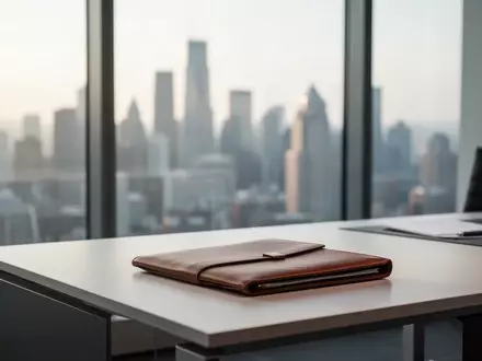 Modernes Bürointerieur mit Schreibtisch und Stadtblick bei natürlichem Licht. - Foto: über boerse-global.de