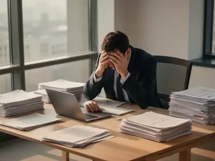 Ein Finanzexperte arbeitet in einem modernen Büro inmitten von Dokumentenstapeln an einer finanziellen Analyse. - Foto: über boerse-global.de