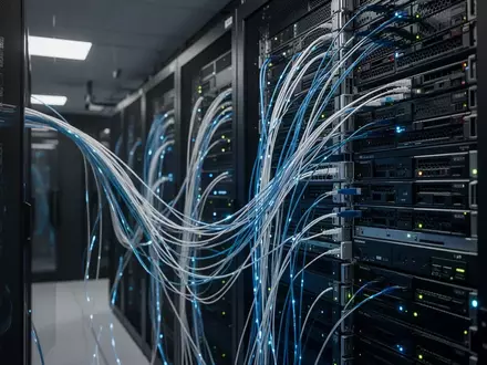 Moderne Serveranlage in einem Rechenzentrum mit leuchtenden Glasfaserkabeln und technischer Infrastruktur. - Foto: ĂŒber boerse-global.de