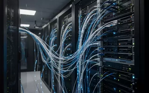 Moderne Serveranlage in einem Rechenzentrum mit leuchtenden Glasfaserkabeln und technischer Infrastruktur. - Foto: über boerse-global.de