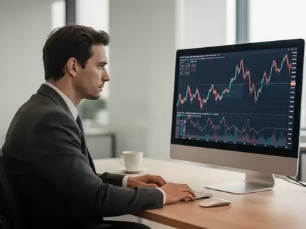 Ein professioneller Börsenhändler blickt konzentriert auf einen Computermonitor mit abstrakten Aktienkursverläufen. - Foto: über boerse-global.de