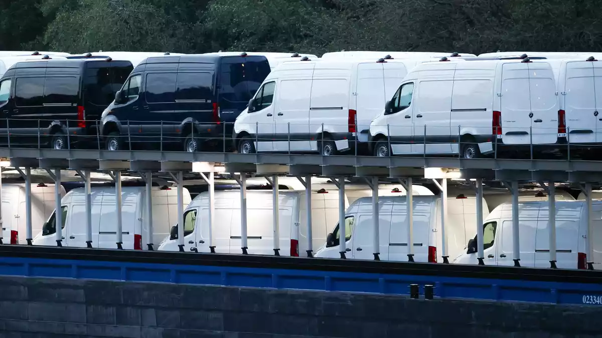 An Bord des Frachtschiffs sind jede Menge Mercedes-Sprinter. - Bild: Christoph Reichwein/dpa