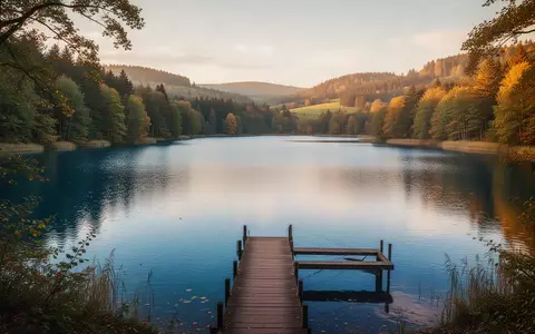 Ein ruhiger deutscher Binnensee in herbstlicher Landschaft mit einem hölzernen Steg und reflektierendem Wasser. - Foto: über boerse-global.de