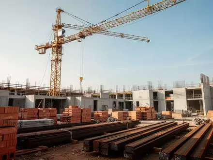Eine Baustelle mit einem gelben Baukran und Rohbauten vor einem klaren Himmel. - Foto: über boerse-global.de