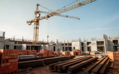 Eine Baustelle mit einem gelben Baukran und Rohbauten vor einem klaren Himmel. - Foto: über boerse-global.de