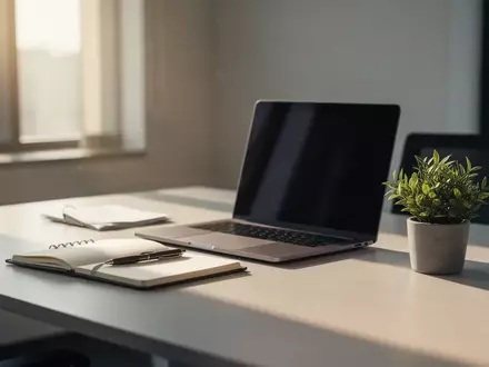 Ein aufgeräumter, professioneller Schreibtisch mit Laptop und Notizbuch in modernem Büroambiente. - Foto: über boerse-global.de