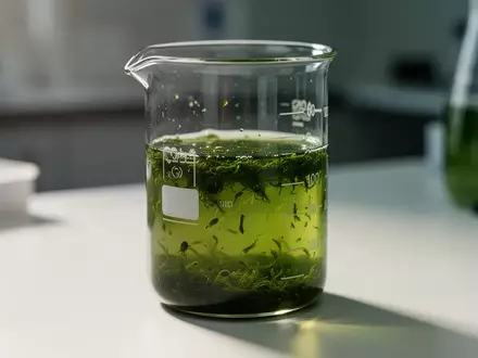 Ein Glasgefäß mit einer leuchtend grünen Algenkultur in einem sauberen Laborumfeld. - Foto: über boerse-global.de