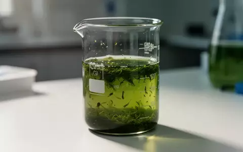 Ein Glasgefäß mit einer leuchtend grünen Algenkultur in einem sauberen Laborumfeld. - Foto: über boerse-global.de
