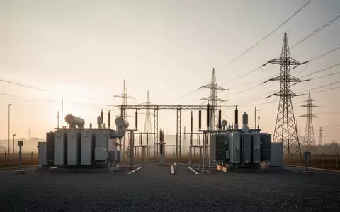Eine moderne elektrische Umspannstation mit Transformatoren und Strommasten in einer ruhigen Industrielandschaft bei Sonnenuntergang. - Foto: über boerse-global.de