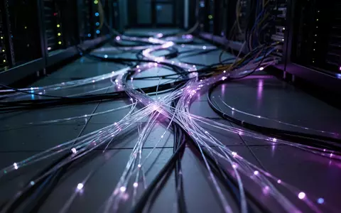 Ein dunkler Serverraum mit leuchtenden Glasfaserkabeln und komplexen Netzwerkknoten in blauer und violetter Beleuchtung. - Foto: über boerse-global.de