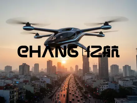 Futuristisches autonomes Fluggerät über einer modernen vietnamesischen Stadt bei Sonnenuntergang. - Foto: über boerse-global.de