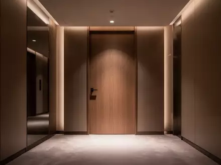 Ein modern gestalteter, leerer Hotelflur mit stimmungsvoller Beleuchtung und minimalistischen Holztüren. - Foto: über boerse-global.de