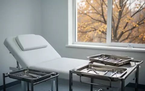 Ein heller, leerer Behandlungsraum in einer Arztpraxis mit herbstlichem Ausblick durch ein Fenster. - Foto: über boerse-global.de
