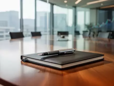 Ein moderner Konferenztisch in einem hellen Büro mit einem Füllfederhalter und einem Notizbuch. - Foto: über boerse-global.de
