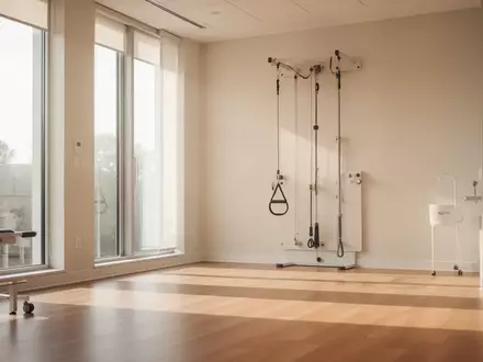 Ein heller, moderner Therapieraum mit Trainingsgeräten für die Physiotherapie in einer ruhigen, lichtdurchfluteten Umgebung. - Foto: über boerse-global.de