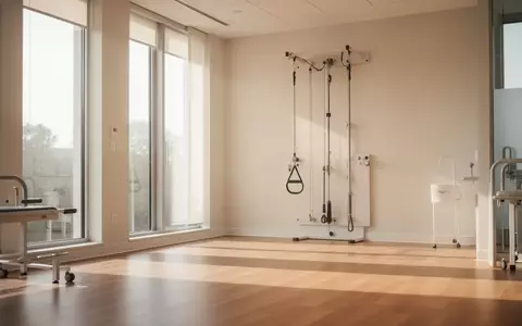 Ein heller, moderner Therapieraum mit Trainingsgeräten für die Physiotherapie in einer ruhigen, lichtdurchfluteten Umgebung. - Foto: über boerse-global.de
