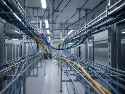 Moderne industrielle Serverinfrastruktur mit Glasfaserkabeln und Metall-Kabeltrassen in einer technologisch anspruchsvollen Umgebung. - Foto: über boerse-global.de