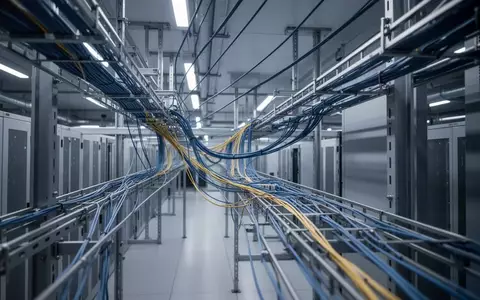 Moderne industrielle Serverinfrastruktur mit Glasfaserkabeln und Metall-Kabeltrassen in einer technologisch anspruchsvollen Umgebung. - Foto: über boerse-global.de