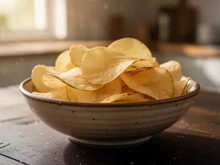 Eine Nahaufnahme von hochwertigen, goldenen Kartoffelchips in einer rustikalen Keramikschale auf einem Holztisch. - Foto: über boerse-global.de