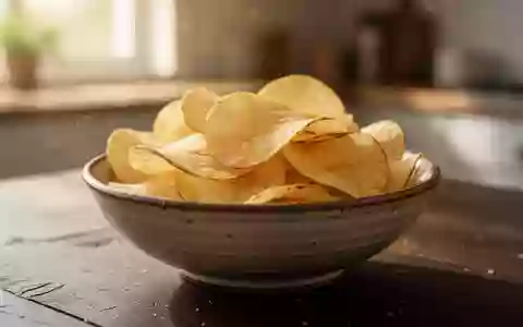 Eine Nahaufnahme von hochwertigen, goldenen Kartoffelchips in einer rustikalen Keramikschale auf einem Holztisch. - Foto: über boerse-global.de